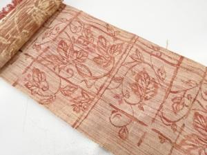 アンティーク　弥栄織物製　手織り真綿紬　唐草模様織り出し　名古屋帯地反物